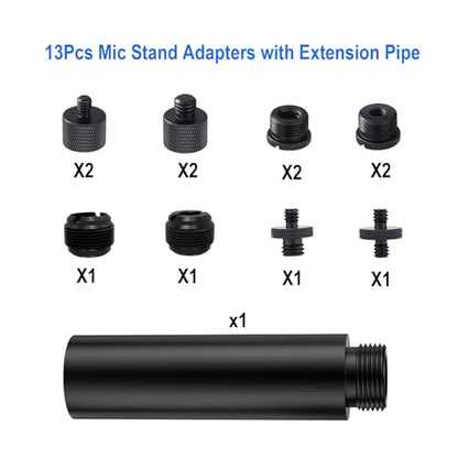 13 Pack Microphone Stand Adapter Screws with Extension Tube,Black Aluminum Alloy,3/8 to 5/8 and 1/4 Threaded Screw Mount for Mic Boom Arm,Camera Tripod,Projector Stand Arm,Fill Light
