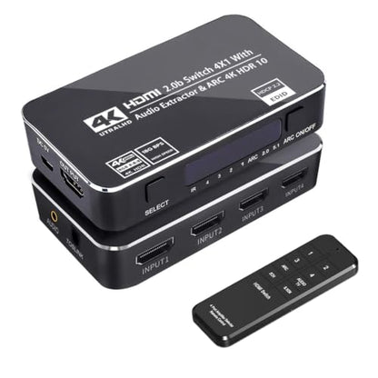 HDMI Switch 4x1 with Audio Extractor, 4K@60Hz Ultra HD HDMI Switcher with Optical TOSLINK SPDIF, 3.5mm Audio Support ARC Function, 3D, 1080P @120Hz, 4Kx2k @60Hz HDTV (IR Remote Control)