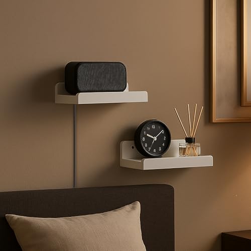 Floating Wall Shelves Set of 2, 12-Inch Solid Wood Shelves with Cable Holes, Small Display Shelf for Router, Webcam, Smart Speaker, Camera – White - color: White, size: 12 Inch-2 Pcs