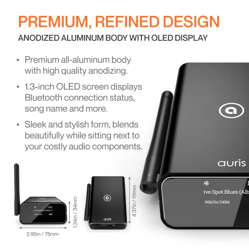 Auris Blume Pro HiFi Bluetooth 5.3 Music Receiver Long Range Bluetooth Adapter with Audiophile DAC, LDAC, aptX HD, OLED Display & Optical Coaxial AUX Output for Home Stereo, AV Receiver or Amplifier