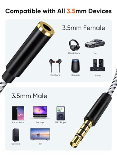 Long 3.5mm Headphone Extension Cable 15FT/4.5m, 4Pole TRRS Aux Cord with Microphone, 1/8 Stereo Audio Cable Male to Female for Car Stereos, iPad, Laptops, Phone, Black - size: 15 FT