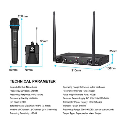 D Debra Audio AU200 Pro UHF 2 Channel Wireless Microphone System with Cordless Handheld Lavalier Headset Mics, Metal Receiver, for Karaoke Church Party (1 Handheld & 1 Bodypack) - style: 1 Handheld & 1 Bodypack