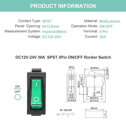 5 Pack KCD3 DC 12V-24V 30A Green LED Boat Rocker Toggle Switch - color: Green, size: DC 12V-24V 30A - Not Pre-Wired