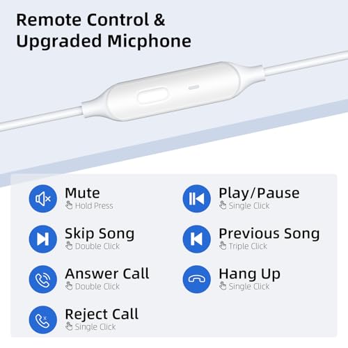 3.5mm Aux Jack Wired Earbuds with Mic & in-Line Volume Control Headphones for iPhone Kids School Students, Crystal Clear Audio Corded in-Ear Buds for Samsung Chromebook Computer Laptop PC, White
