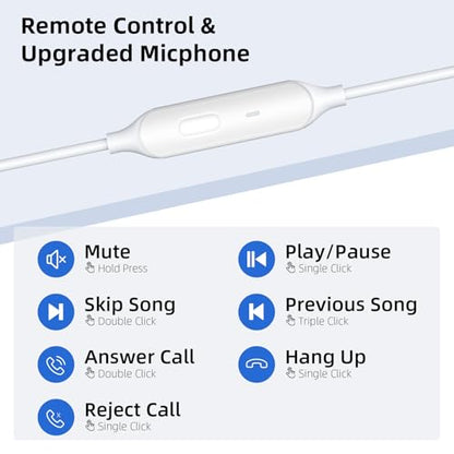 3.5mm Aux Jack Wired Earbuds with Mic & in-Line Volume Control Headphones for iPhone Kids School Students, Crystal Clear Audio Corded in-Ear Buds for Samsung Chromebook Computer Laptop PC, White
