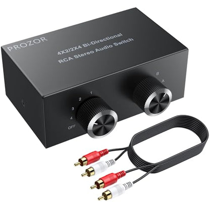 PROZOR 4-Way Stereo L/R Bi-Directional Audio Switcher 4X2/2X4 | Bi-Directional 2 in 4 Out or 4 in 2 Out, with Off Button No External Power Required, For DVD Stereo Speaker, CD Player - color: Black 4-2