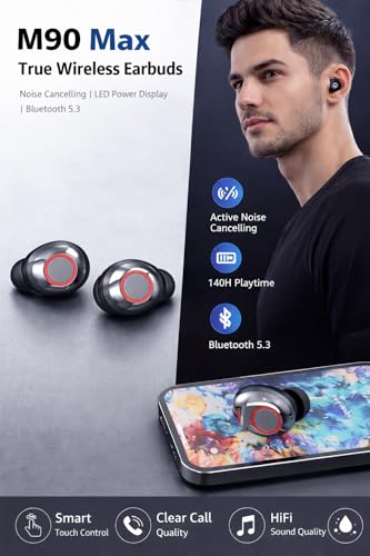 VIVIDUS M90 Max Wireless Earbuds with Noise Canceling Mic, Bluetooth 5.3, IPX-4 Waterproof, Touch Control, LED Display, Gaming Headset, HD Call, Voice Assistant, HiFi Stereo Sound, Wireless Earphone
