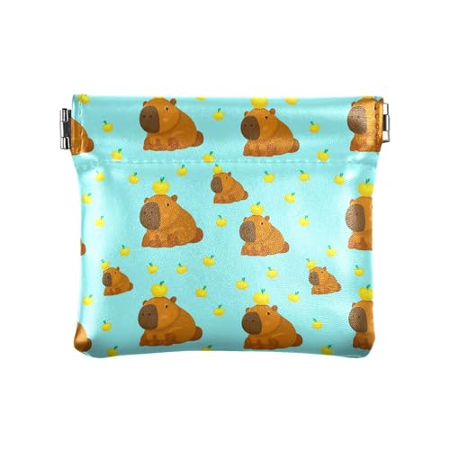 Leather Waterproof Portable No Zipper Purse, Coin Pocket Pouch Change Holder, Small Storage Bag for Men Women Headset Credit Card ID Key Lipstick, (Cute Capybaras)