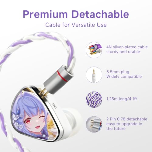 CVJ Jemine Wired IEM Earbuds for Gaming/Music, Deep Bass in Ear Monitors | Anime Ear Buds, 1DD+1BA Hybrid Driver, 3.5mm jack, Detachable 4.1ft Cable for PC/Phone/Laptop/Switch/Xbox/Ps5, No Mic - color: Jemine Character, style: no Mic