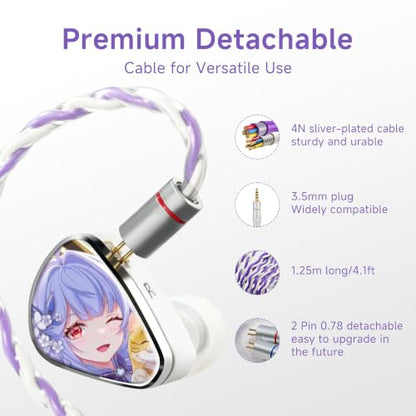 CVJ Jemine Wired IEM Earbuds for Gaming/Music, Deep Bass in Ear Monitors | Anime Ear Buds, 1DD+1BA Hybrid Driver, 3.5mm jack, Detachable 4.1ft Cable for PC/Phone/Laptop/Switch/Xbox/Ps5, No Mic - color: Jemine Character, style: no Mic
