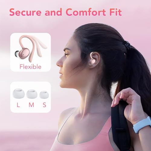 KT1 Bluetooth Headphones Wireless Earbuds 72hrs Playtime Wireless Charging Case Digital Display, Ear Buds with Earhook,IPX7 Waterproof, Deep Bass 2.0,Over-Ear Earphones for Sport Running - color: Rose Gold