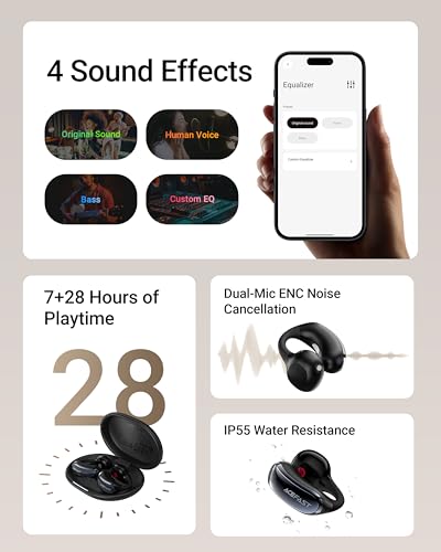 ACEFAST AceClip Pro Open-Ear Earbuds, Wireless Clip-On Earbuds with 3× Larger Drivers, Outdoor Boost Mode, AI Noise Cancelling Calls, 28H Playtime, IP55 Waterproof, App & Click Control, Lightweight - color: Black