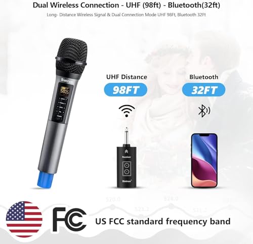 Wireless Microphone with Echo/Treble/Bass, 1/4'' Plug Rechargeable Receiver