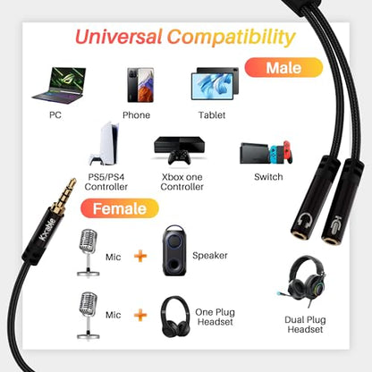 1/8inch Aux Headphone Splitter 2 Way Cable 3FT, 3.5mm 1 Male to 2 Female Mic and Audio Y TRRS Adapter, Compatible with Headset Earphone Switch 2/PS4/PS5 Steam Deck Xbox PC Laptop Phone Tablet Gaming - size: 3FT