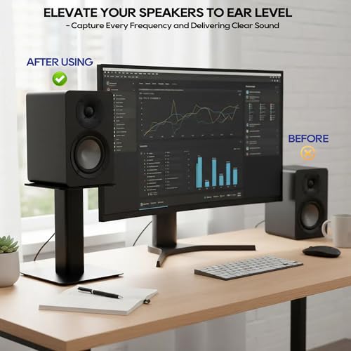 Tlingt Desktop Speaker Stands Pair, 6"x6.7" Metal Tray, 8" Tall | Heavy-duty Metal Tray, Perfects for 3"- 4" Monitors & Bookshelf Speakers, Sturdy Base, Compact Size for Home/Studio - size: 8" Tall