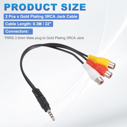 MECCANIXITY 2 Pcs TRRS 3.5mm Male Black to Gold Plating 3RCA Female Cable, 0.23Meter(9 Inch) Copper Core 2.5mm PVC Audio AUX Cable for TV/Amplifier/Speaker/Mobile