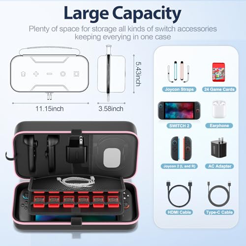 OIVO Carrying Case Compatible with 2025 Nintendo Switch, Portable Switch 2 Travel Carry Case Fit for Joy-Con 2 & Adapter, Hard Shell Protective Pouch Bag with 24 Game Slots, Pink - color: Pink
