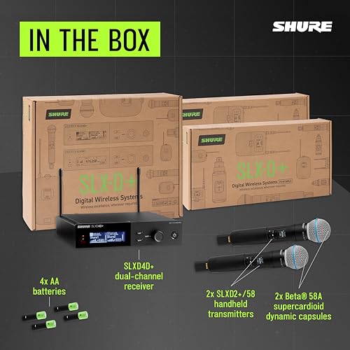 Shure SLXD24D+ Dual Wireless System with Beta58A Capsule - G57 Band | Dual system with SLXD4D+ receiver and two SLXD2+ handhelds; Bluetooth monitoring for live vocals - style: Beta 58A Capsule