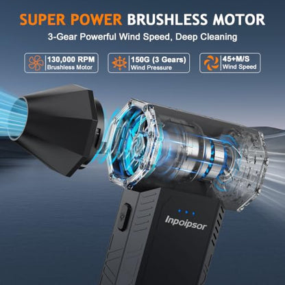 Compressed Air Duster - 130000RPM Powerful Electric Air Duster, 3 Gear Adjustable Cordless Air Blower, Rechargeable Dust Cleaner for Keyboard, Computer, Home, Outdoor, Car