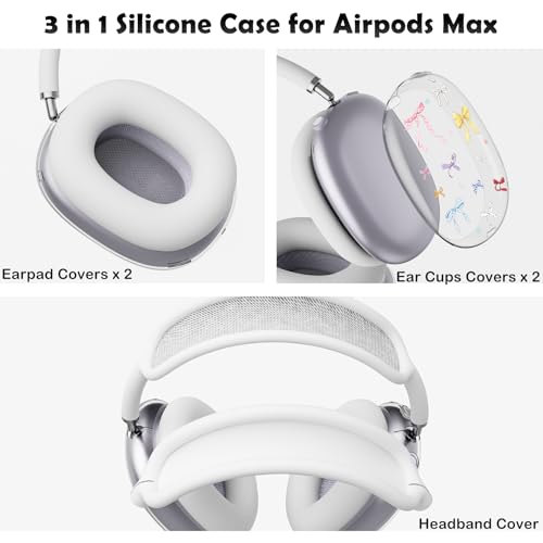 for AirPods Max Headphones Ribbon Bow Ear Covers for AirPods Max 2 | Cute Clear Ear Cups Cover | White Silicone Ear Pad Case Headband Cover for Apple AirPods Max 2/1 (2026/2024/2020) - color: Ribbon Bow O/White
