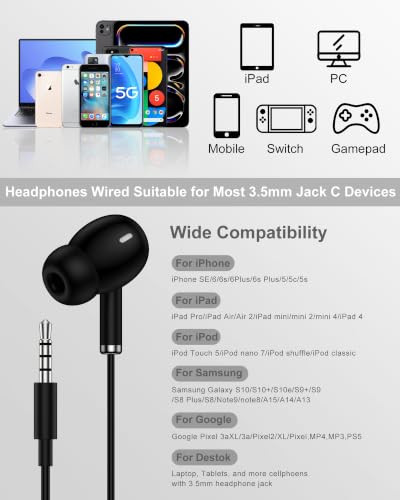 Samsung Earbuds Wired, 3.5mm Headphones with Mic, in-Ear Ear Buds for Apple | in-Ear Earphones Earpods for Galaxy S10 S9 S8 A14 A15, 3.5mm Headphones for iPhone/iPad/iPod/Android/Laptop/MP3/MP4/Switch - color: Black