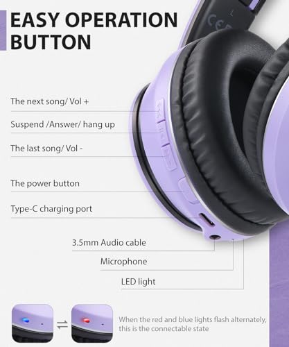 rockpapa E7 Wired/Wireless Bluetooth Headphones with Mic, 25 Hours Playtime | 2 in 1 Wire less Blue tooth Head Phones Foldable Lightweight for Kids Boys Girls Youth in School Airplane Car Purple - color: Purple Black, style: without Case