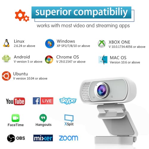 1080P Webcam with Mic Privacy Cover Tripod Stand 110 FOV PC | 1080P webcam with built-in microphone, privacy cover, tripod stand, 110 degree wide angle, USB plug and play for PC laptop - color: White