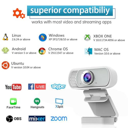 1080P Webcam with Mic Privacy Cover Tripod Stand 110 FOV PC | 1080P webcam with built-in microphone, privacy cover, tripod stand, 110 degree wide angle, USB plug and play for PC laptop - color: White