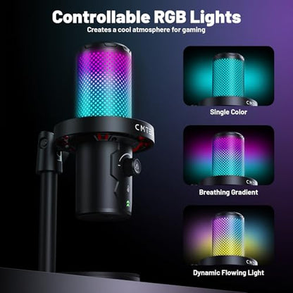 CMTECK USB 마이크, 스튜디오 품질, PC/노트북용 맞춤형 RGB 조명 | LED로 빠른 음소거, 플러그 앤 플레이, 노이즈 캔슬링. 3.5mm 제로 레이턴시 잭 및 게인. 팟캐스트, 스트리밍용 - color: 블랙.
