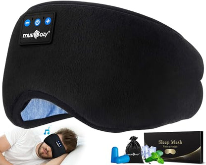 MUSICOZY Sleep Headphones Bluetooth 5.4 Sleep Eye Mask with HD Speakers | Soft Cotton Fabric, Flat Design, 14 Hours Playtime, Washable Headband Style for Side Sleepers, Travel Meditation Relaxation - color: Dark Black