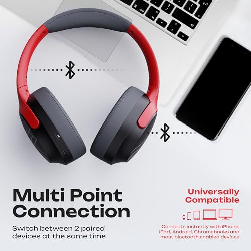 PowerLocus Bluetooth Headphones Over Ear, 60H Playtime, 4 EQ Modes Wireless Headphones with Microphone, Hi-Fi Stereo Deep Bass Foldable Headphone, Soft Foam Ear Cups,Fast Charging for Travel/PC/Phones - color: Grey/Red