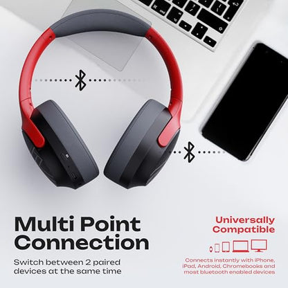PowerLocus Bluetooth Headphones Over Ear, 60H Playtime, 4 EQ Modes Wireless Headphones with Microphone, Hi-Fi Stereo Deep Bass Foldable Headphone, Soft Foam Ear Cups,Fast Charging for Travel/PC/Phones - color: Grey/Red