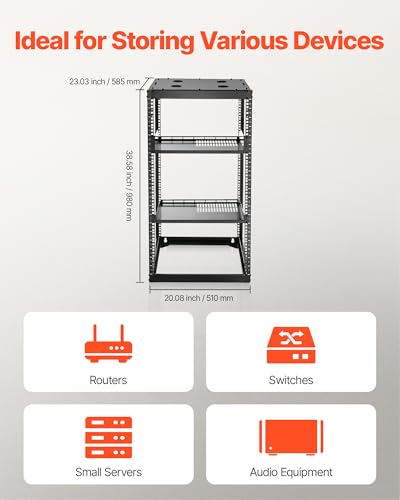VEVOR 20U Server Rack, Open Frame Network Rack,4-Post Floor Standing or Wall Mounted, Includes 2PCS Vented 1U Rack Shelves & Mounting Hardware, Computer Wall Rack for 19" IT/AV Equipment - size: 20U Server Rack