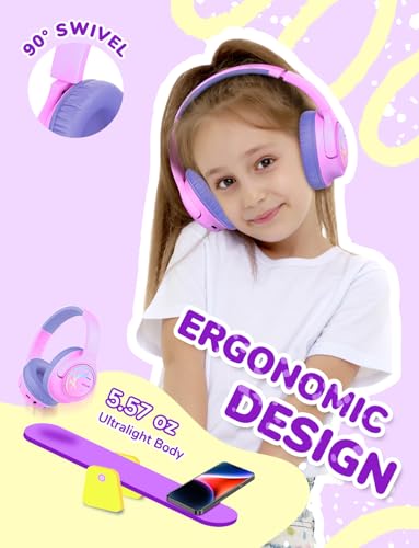 iClever BTH18 Kids Bluetooth Headphones LED Lights for Toddler Boys Girls | SafeSound Tech, 43H Playtime Stereo Sound, USB C Charging AUX Cable, Over Ear Kids Headphones Wireless for iPad/Tablet/Travel - color: B-Blue/Pink
