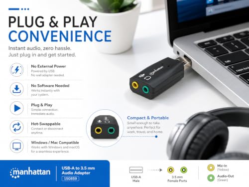 Manhattan USB Audio Adapter External Stereo Sound Card - with 3.5mm Headphone and Microphone Jack - Plug and Play, No Drivers Needed, 3D Sound - for Windows and Mac – 3 Yr Mfg Warranty – 150859 | USB sound card with mic input and speaker output, plug-and-