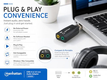 Manhattan USB Audio Adapter External Stereo Sound Card - with 3.5mm Headphone and Microphone Jack - Plug and Play, No Drivers Needed, 3D Sound - for Windows and Mac – 3 Yr Mfg Warranty – 150859 | USB sound card with mic input and speaker output, plug-and-