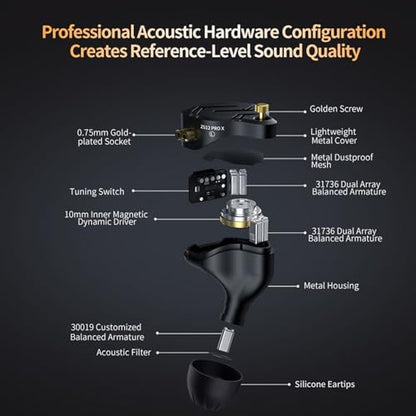 in Ear Monitor IEM Headphones,KZ ZS12 PRO X 1DD+5BA Hybrid with 4-Level Tuning Switch Gaming Earbuds,KZ Earbuds Earphones,Best in Ear Headphones (Dark Black,Tunable Version, NO Microphone) - color: Dark Black,Tunable Version, size: NO Microphone