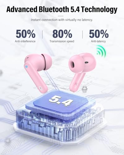 Wireless Earbuds, Bluetooth 5.4 Headphones Bass Stereo/Clear Calls, Pink | Ear Buds with Noise Cancelling Mic LED Display in Ear Earphones IP7 Waterproof 36H Bluetooth Earbuds for Phones/Sport/Laptop - color: Pink