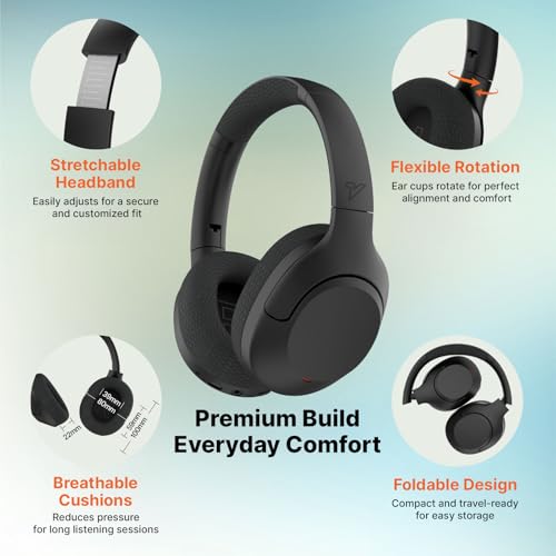 VOKALEN Hyper Pro 2 Bluetooth Headphones Over Ear, Hi-Res Audio, Adaptive Noise Cancelling, 60H Playtime, DEEP360 Spatial Sound, Comfort Mesh Ear Cushions, Deep Bass, Custom EQ (Pro 2, Black) - color: Black, style: Pro 2