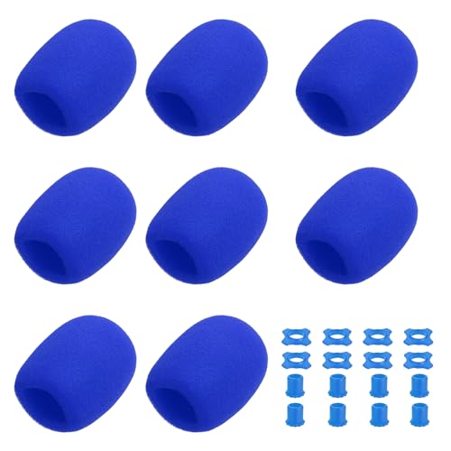 MECCANIXITY 8 Set Microphone Cover Foam Mic Cover, with 1.34" Mic Protection Silicone Ring and Anti Rolling Bottom Sleeve Holder for Karaoke DJ Concert Theater, Blue - color: Blue, size: 1.34"