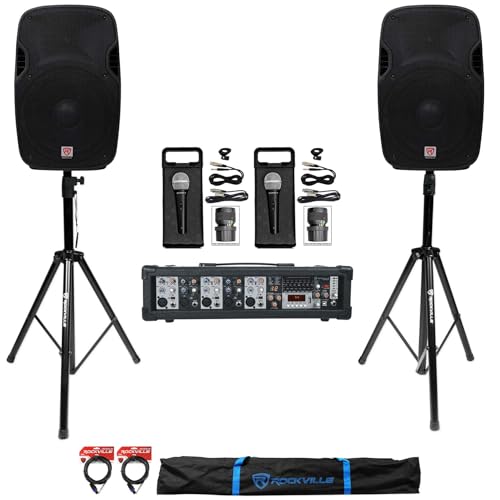 Rockville SPGN158 15" DJ PA Speaker Pair Bundle with RPM47 Powered Mixer | 1600W Peak / 400W RMS Each, 8-Ohm, Bluetooth/USB, 2 RMC-XLR Microphones, 2 Tripod Stands, SpeakOn Cables, 7-Items