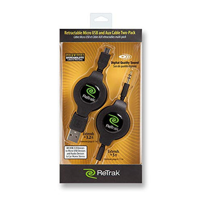 ReTrak Retractable Aux Cable and Micro USB Cable Value Pack, Black (ETCABLE35MIC5) - color: Value Pack, size: 5- Feet
