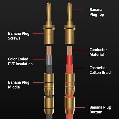 Fluance High-Fidelity 12 Gauge Speaker Wire with Dual Gold-Plated Banana Plugs, 12 Feet Oxygen-Free Pure Copper (OFC) Cable, Nylon Braided Jacket (SW512)