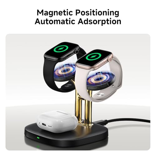 3 in 1 Dual Watch Wireless Charger Stand for Apple Watch Ultra/11 & AirPods | Dual magnetic watch charging, 5W Fast watch charge, Ergonomic design, Chrome plated plastic stand, Multi safety guard, 704A - color: Black & Gold