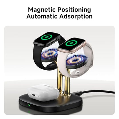 3 in 1 Dual Watch Wireless Charger Stand for Apple Watch Ultra/11 & AirPods | Dual magnetic watch charging, 5W Fast watch charge, Ergonomic design, Chrome plated plastic stand, Multi safety guard, 704A - color: Black & Gold