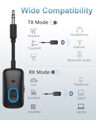 Bluetooth 5.4 Adapter for Car, Upgraded 2-in-1 Aux Transmitter & Receiver with Hands-Free Calls & 180° Swivel Bend, Wireless Audio Adapter for PC, TV, Speakers, Airplane Travel