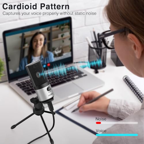 FIFINE K669 Silver USB Microphone for Zoom Video Meeting Online Class | Metal Condenser Mic, Gain Knob Control, USB Plug and Play, Work with Desktop/PC - color: Silver
