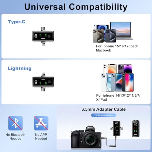 Wireless Lavalier Microphone for Phone Laptop Camera | Lightning & USB C Mic for iPhone, 24H Charging Case,Plug &Play Noise Reduction Mini Mic for Video Recording, Vlogging
