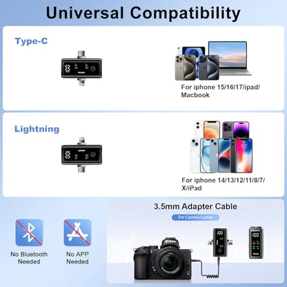 Wireless Lavalier Microphone for Phone Laptop Camera | Lightning & USB C Mic for iPhone, 24H Charging Case,Plug &Play Noise Reduction Mini Mic for Video Recording, Vlogging