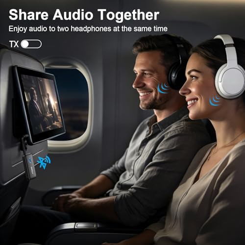 YMOO Airplane Bluetooth Adapter for AirPods, Bluetooth Transmitter Receiver | for TV, with aptX Adaptive & Low Latency, 3.5mm Aux Wireless Audio Adapter for 2 Headphones, Airplane Travel Essentials - color: Black